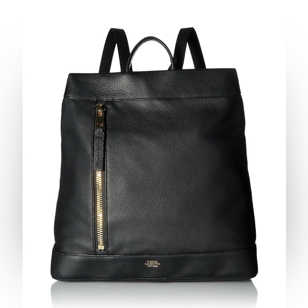 Vince Camuto Black Leather Madox Backpack with Gold Accents
